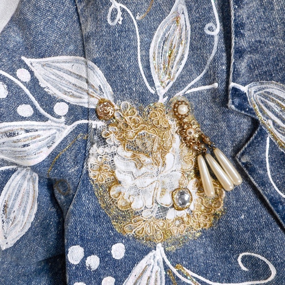 Unique VTG 80s Painted Bejeweled Blue Denim Jacket M L Lace Tuesdays Gift - Picture 3 of 15